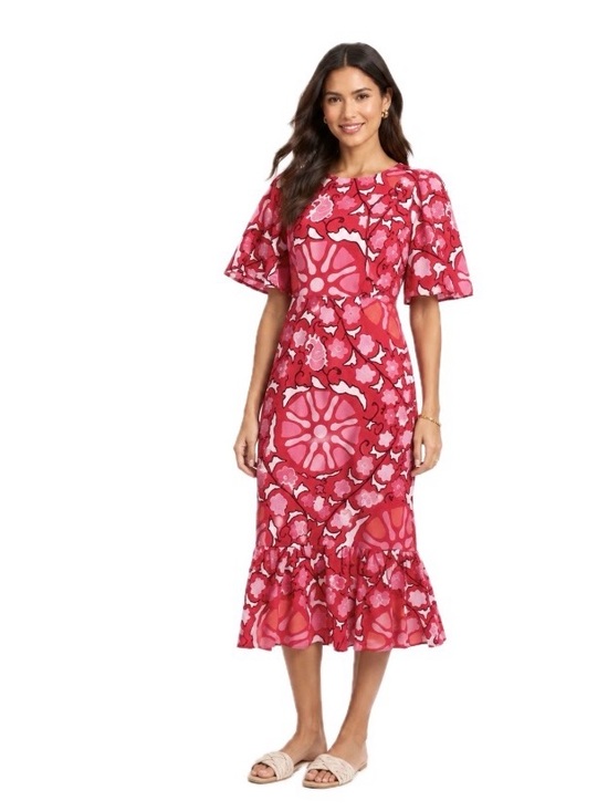 RHODE Target Dresses & Skirts - Pink Floral Midi Dress with Ruffle Hem